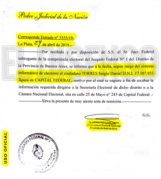 Respuesta Justicia Electoral sobre domicilio Torres