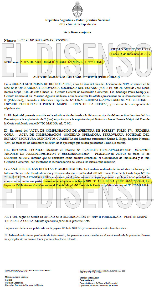 Adjudicación del gobierno de Alberto Fernandez a Albistur - El Disenso