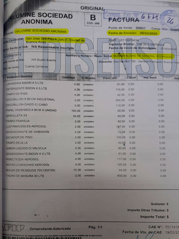 Factura de Arluminé SA al Municipio de Gral Rodríguez en marzo 2020 - El Disenso