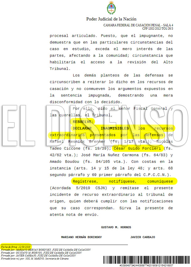 Ratificación condena Causa Ciccone - El Disenso