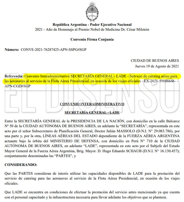 Convenio 2.5 millones en catering para los vuelos oficiales de Alberto - El Disenso