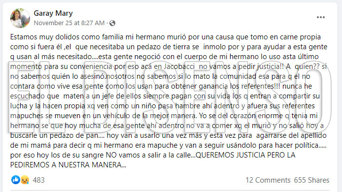 Mensaje de la hermana de Elías Garay - El Disenso