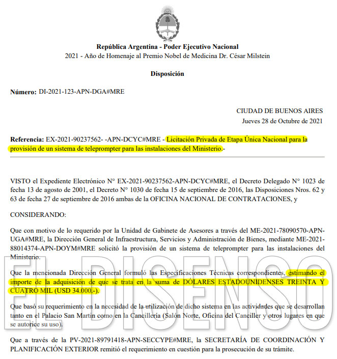 Cafiero solicita comprar un Teleprompter por USD 34.000 - El Disenso