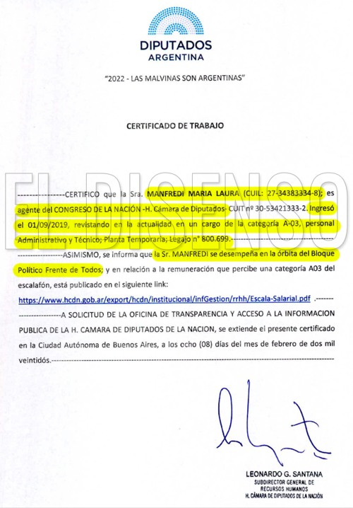 Laura Manfredi, personal administrativo del Bloque de Diputados del Frente de Todos - El Disenso