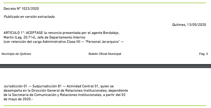 Renuncia Martín Bordalejo - Fuente: Boletín Oficial Quilmes - El Disenso