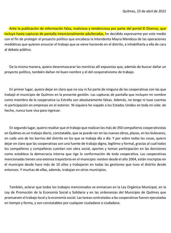 Descargo Subsecretario Raspa - Pagina 1 - El Disenso