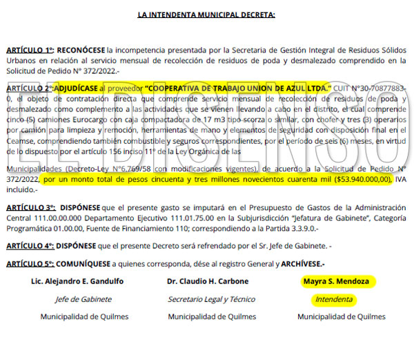 Contrato Cooperativa La Union de Azul por $54 millones - El Disenso