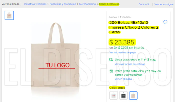 Bolsas Ecológicas en MELI a $116.9 c/u - El Disenso