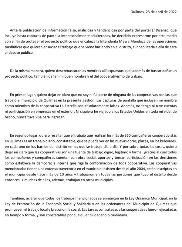 Descargo Subsecretario Raspa - Pagina 1 - El Disenso