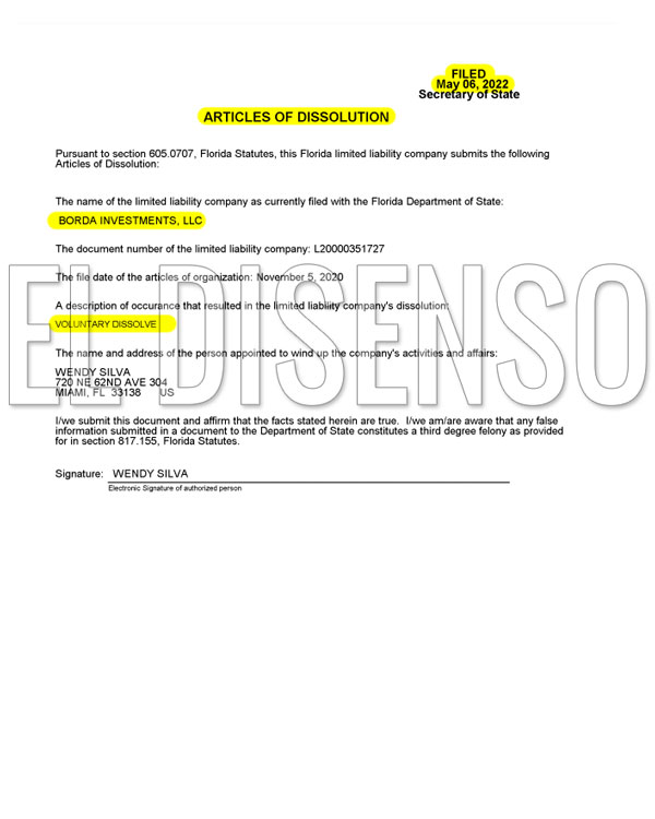 Disolución voluntaria de Borda Investments LLC - El Disenso