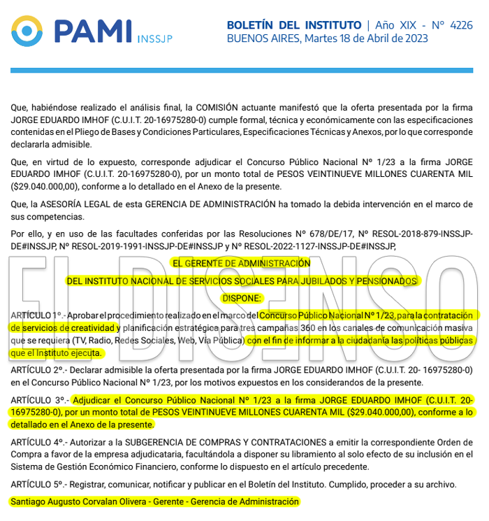 Contrato por $29.040.000 de PAMI al consultor político Jorge Imhof