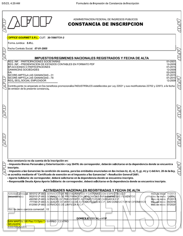 Office Gourmet SRL - Constancia AFIP