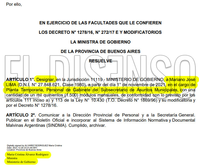 Nombramiento cuñando "Mariano Lima" - El Disenso