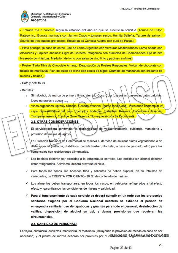 Catering Categoría Cancillería y Secretarios de Estado