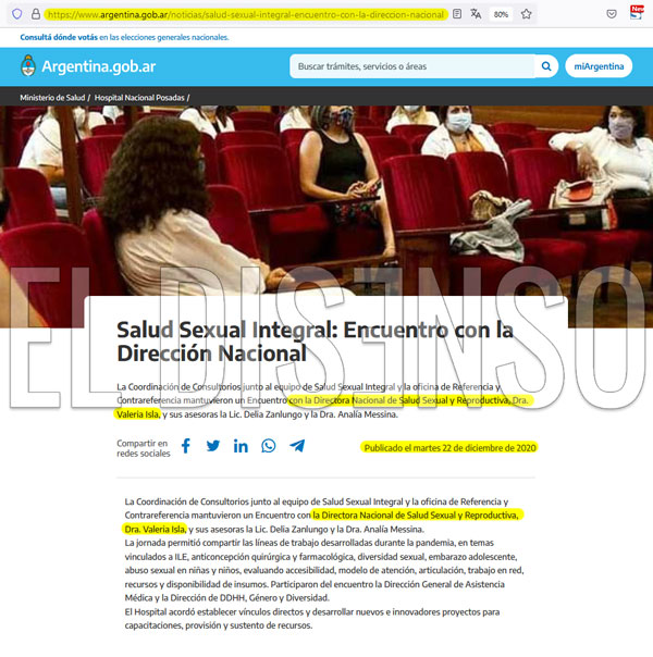 Pagina oficial del Ministerio de Salud con la "Dra Valeria Isla"