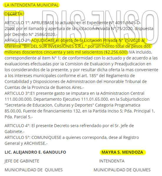 BH del sur inversiones adjudica millones del municipio de Mayra Mendoza - El Disenso