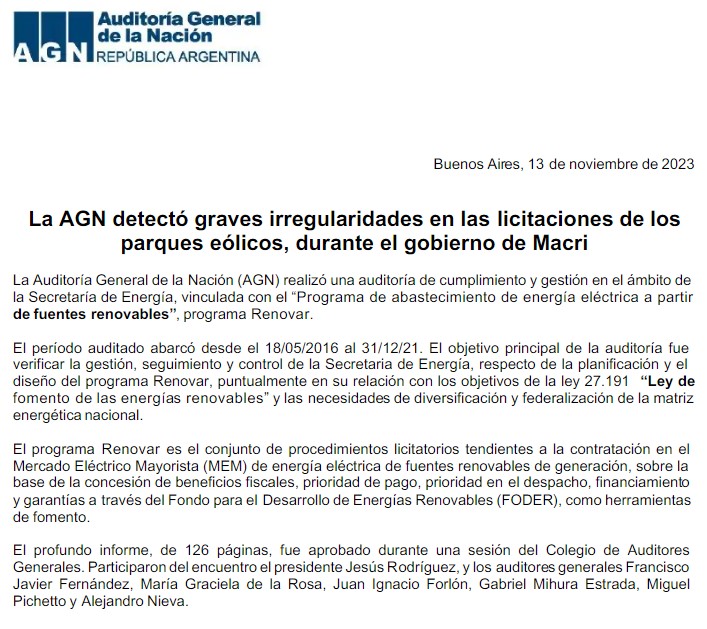 La AGN detectó graves irregularidades en las licitaciones de losparques eólicos, durante el gobierno de Macri