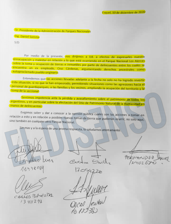 Carta Guardaparques solicitando ayuda al Ing Somma, entonces Presidente de lña Adm de Parques Nacionales