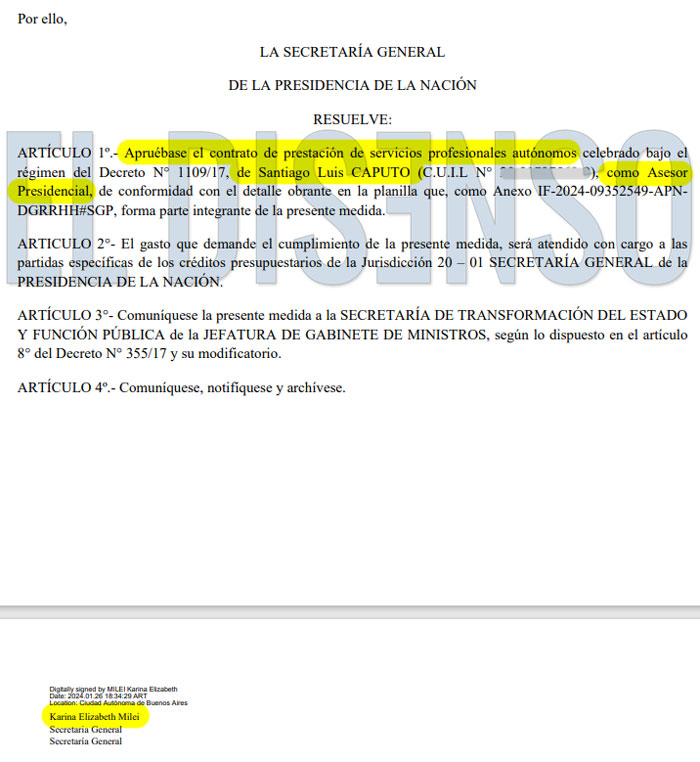 Santiago Caputo contratado como "Asesor Presidencial" - El Disenso