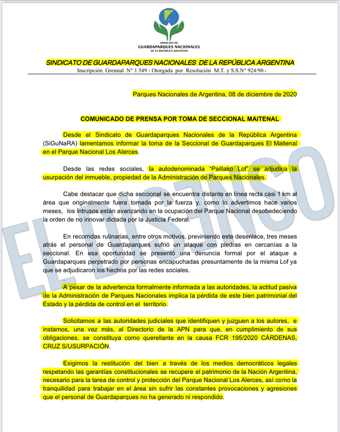 Comunicado de Prensa Guardaparques - El Disenso