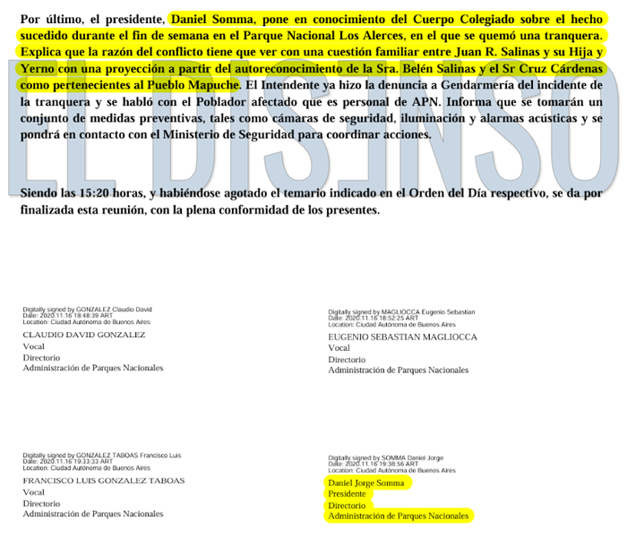 "Conflicto Familiar" - Acta Daniel Somma - Administración de Parques Nacionales