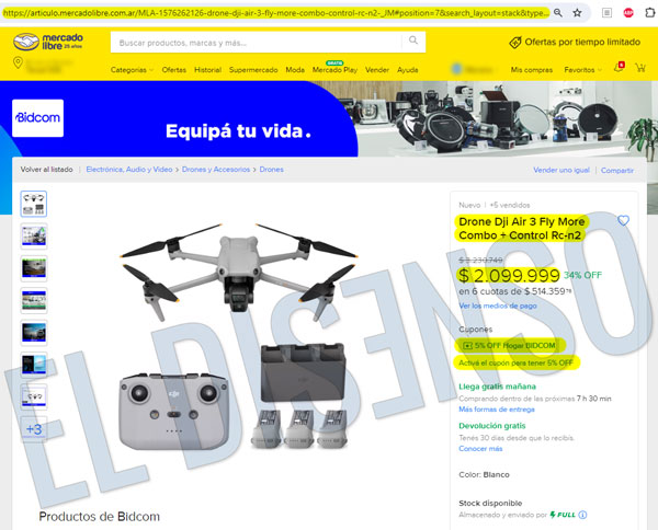 Dron Dji Air3 - 2 millones el 25 de marzo 2024 en MercadoLibre