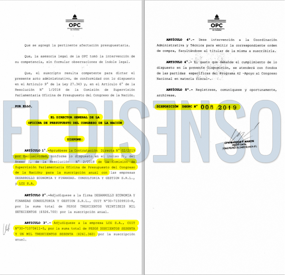 Contratacion Directa LCG SA 2019 - El Disenso