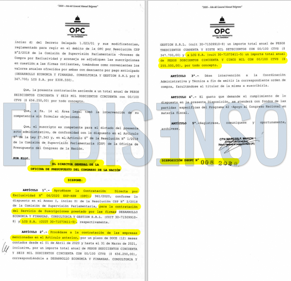 Contratacion Directa LCG SA 2020 - El Disenso
