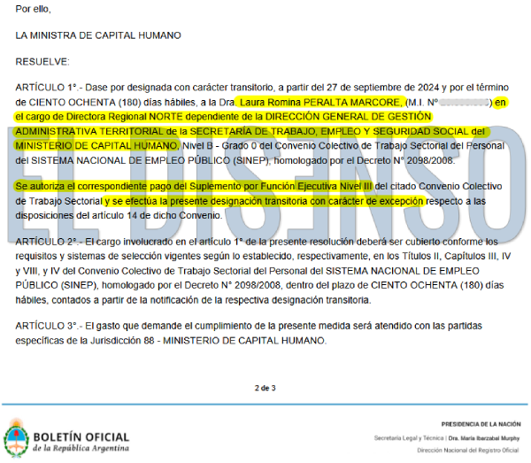 Nombramiento de la esposa de Almirón - El Disenso