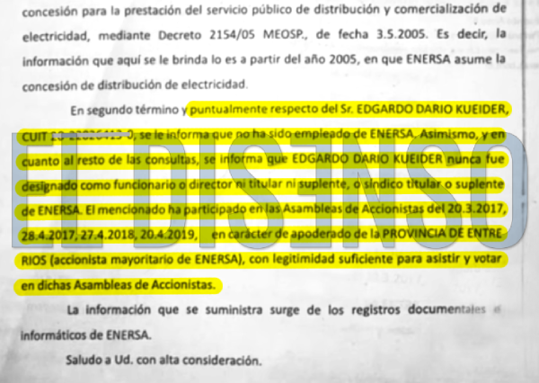 Respuesta de ENERSA que Kueider mostró en la entrevista - El Disenso