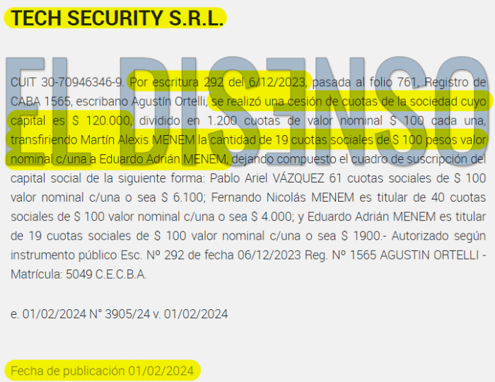 Tech Security SRL - Cesión de Acciones - El Disenso