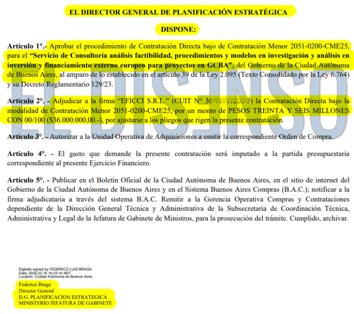 Adjudicación de la Contratación Directa a la empresa de Loccisano - El Disenso
