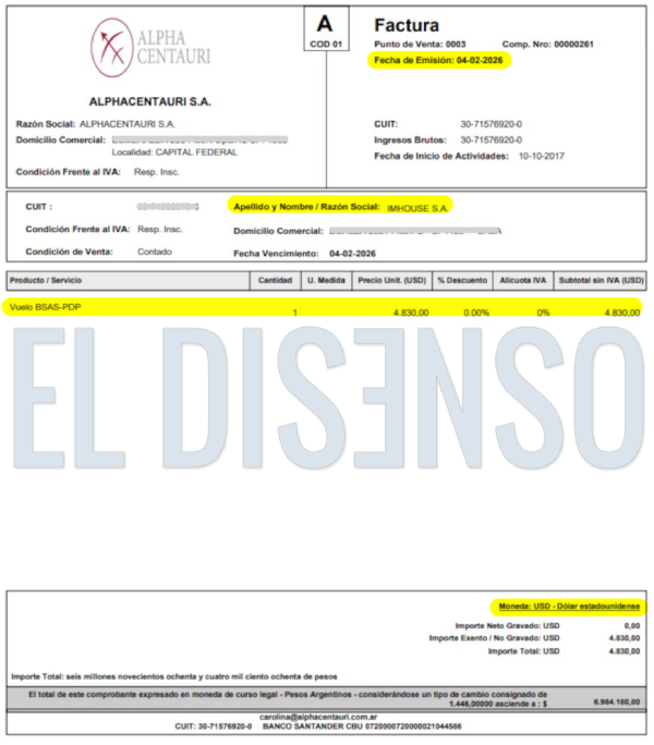 Factura del Jet Privado a nombre de ImHouse