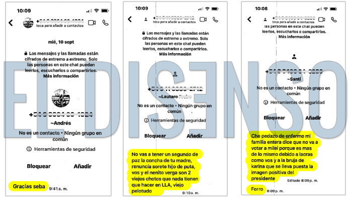 Mensajes denunciados por Sebastián Pareja en la justicia