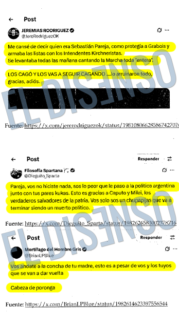 Tuits denunciados por Sebastián Pareja en la justicia