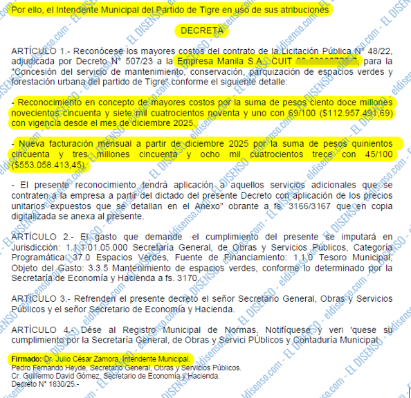 Copia oficial del decreto 1830/2025 del municipio de Tigre que aprueba la erogación a Empresa Manila S.A.