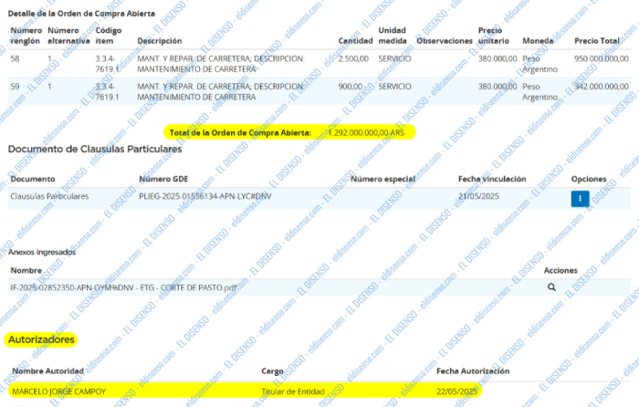 Documento oficial de la adjudicación original de Vialidad Nacional a la empresa He Vras SRL por 1292 millones de pesos firmada por Marcelo Campoy