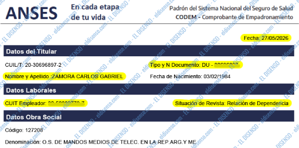 Constancia del CODEM de ANSES de Carlos Gabriel Zamora que confirma su alta laboral en la Empresa Manila S.A.