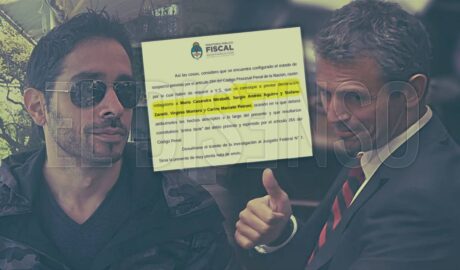 Montaje fotográfico de Martín Menem junto a Sergio Aguirre y el documento judicial de pedido de indagatoria.