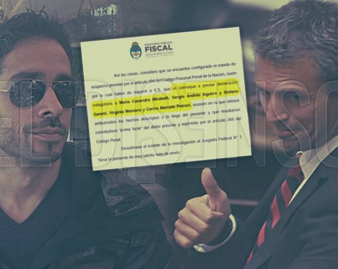 Montaje fotográfico de Martín Menem junto a Sergio Aguirre y el documento judicial de pedido de indagatoria.