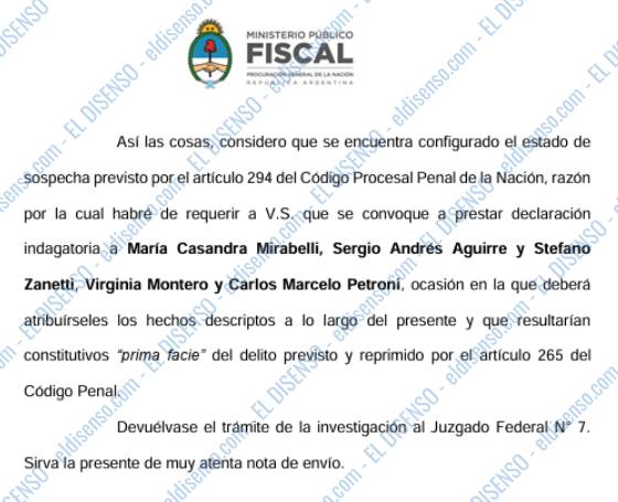 Fragmento de la resolución judicial de la Procuración General de la Nación con el requerimiento de declaración indagatoria para los imputados en la causa OSPRERA.