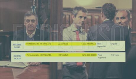 Fotomontaje de Martin Menem y el titular de Vialidad Marcelo Campoy junto al documento de la prorroga de He Vras SRL por 2584 millones.