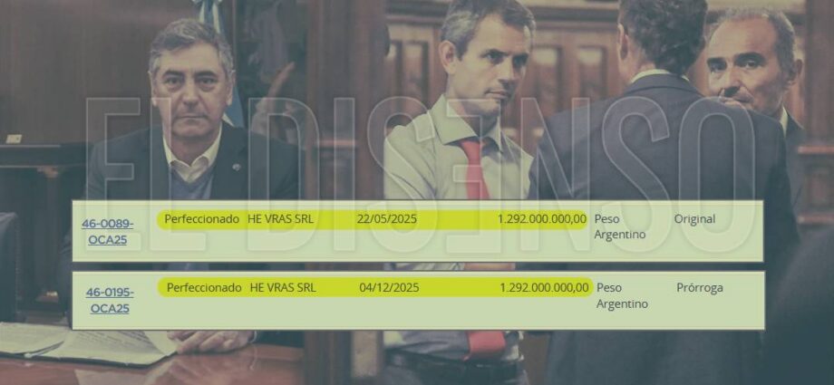 Fotomontaje de Martin Menem y el titular de Vialidad Marcelo Campoy junto al documento de la prorroga de He Vras SRL por 2584 millones.