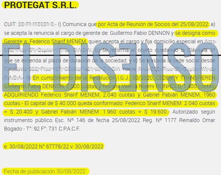Publicacion del Boletin Oficial de la Republica Argentina que detalla la transferencia de cuotas de Protegat SRL a favor de Federico Sharif Menem en marzo de 2020.