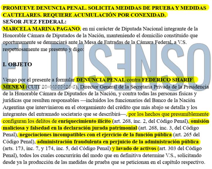 Primera página del escrito de la denuncia penal presentada contra Federico Sharif Menem ante los tribunales federales de Comodoro Py.