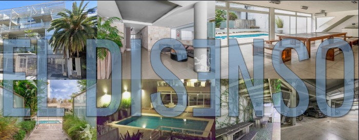 Mosaico de fotografias del departamento duplex de Federico Sharif Menem en CABA: fachada del edificio, living interior, terraza con piscina privada y sector de parrilla.