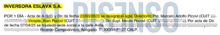 Edicto del Boletín Oficial de Inversora Eslava SA donde se desplaza a Kevin Pocoví e ingresa Alan Pocoví tras la investigación de El Disenso.