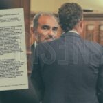 Eduardo Lule Menem y Martín Menem junto a Marcelo Campoy de espaldas, al lado de la denuncia penal por Vialidad Nacional.