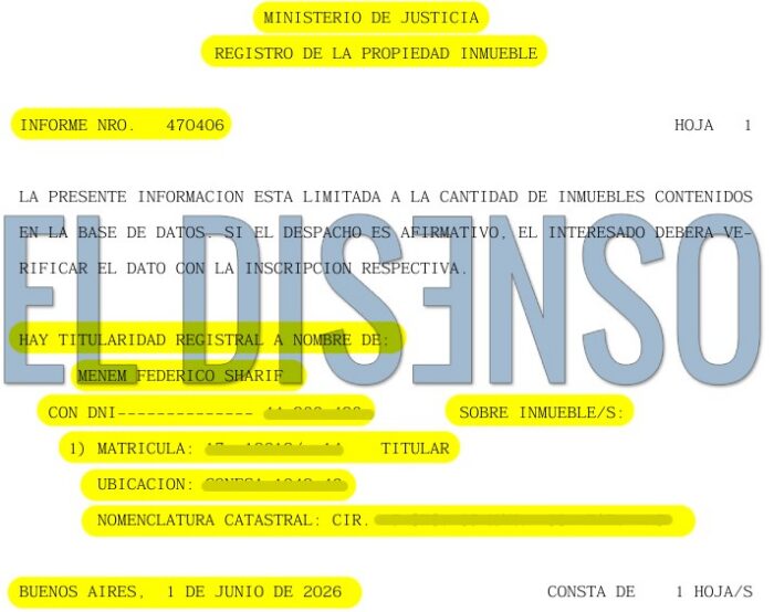 Captura del documento oficial del Registro de la Propiedad Inmueble que acredita la titularidad del departamento adquirido por Federico Sharif Menem en CABA.