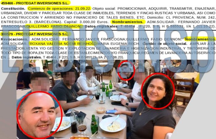 Composicion que muestra el acta de constitucion de Protegat Inversiones SL en el Registro Mercantil de Barcelona junto a una fotografia familiar de Federico Sharif Menem con sus tios de ese mismo año.
